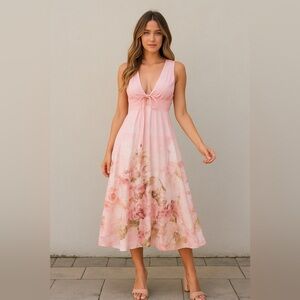Commense Floral Midi Dress Tie‎ Front Sleeveless Pink Floral Print Sundress  XS